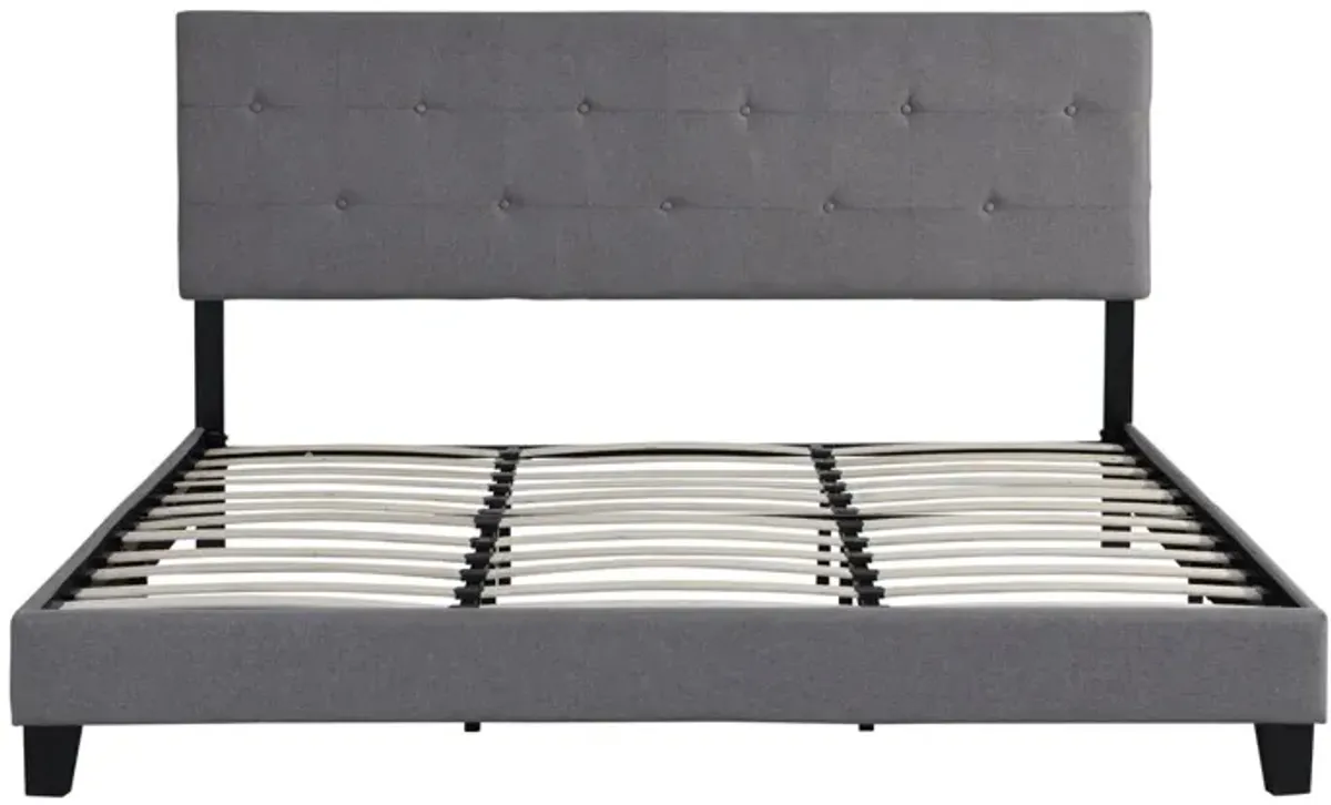 King Size Upholstered Platform Bed Frame With Button Tufted Linen Fabric Headboard, No Box Spring Needed, Wood Slat Support