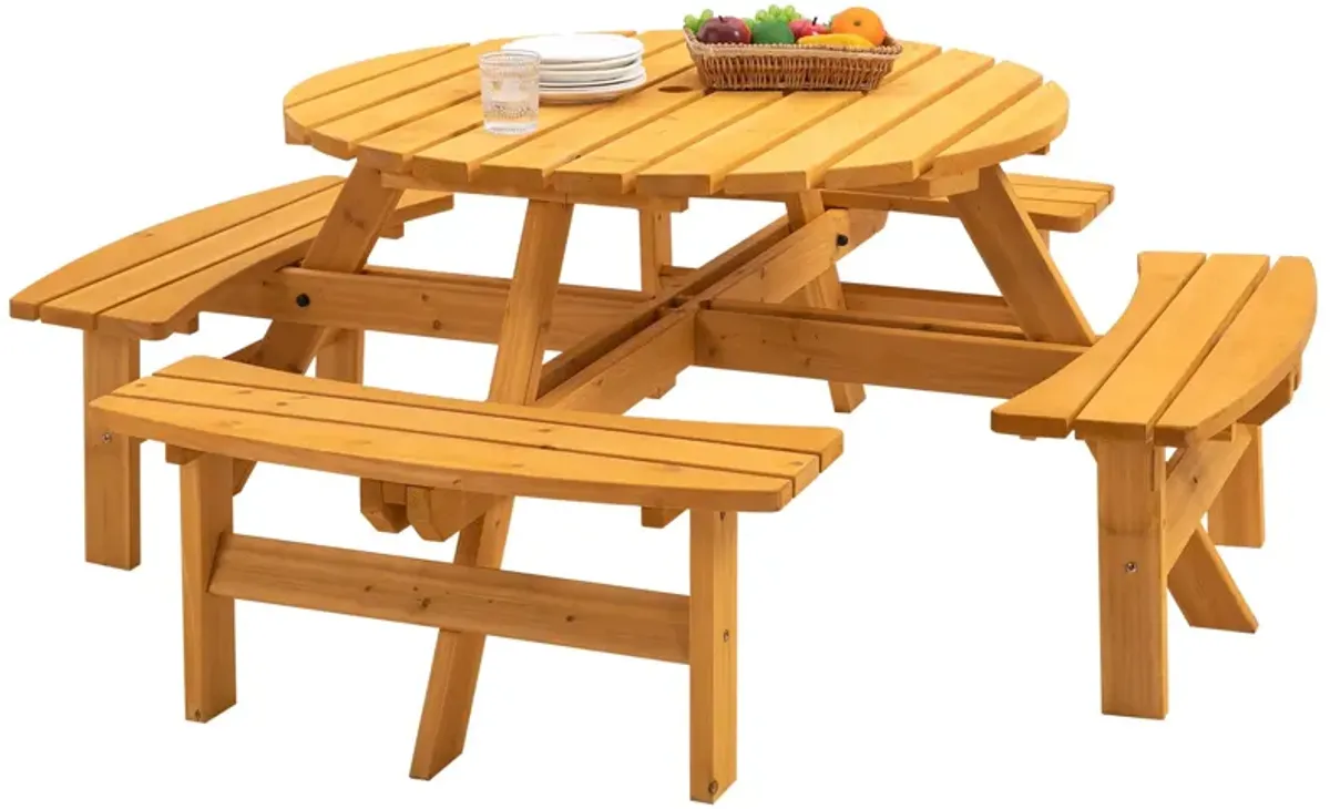 8 Person Wooden Picnic Table, Outdoor Camping Dining Table With Seat, Garden, Diy With 4 Built-In Benches, 2220Lb Capacity