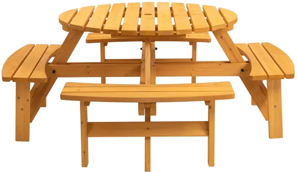 8 Person Wooden Picnic Table, Outdoor Camping Dining Table With Seat, Garden, Diy With 4 Built-In Benches, 2220Lb Capacity