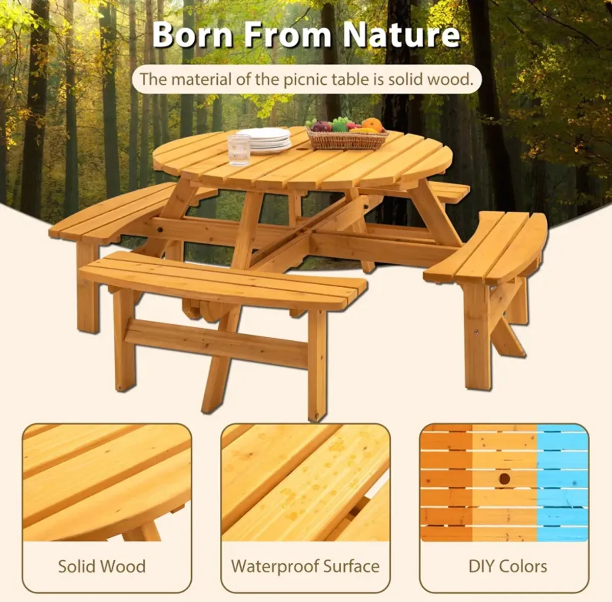 8 Person Wooden Picnic Table, Outdoor Camping Dining Table With Seat, Garden, Diy With 4 Built-In Benches, 2220Lb Capacity