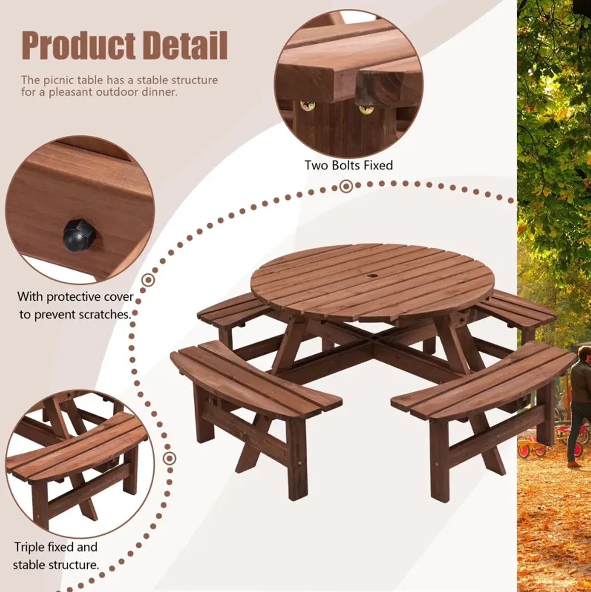 8 Person Wooden Picnic Table, Outdoor Camping Dining Table With Seat, Garden, Diy With 4 Built-In Benches, 2220Lb Capacity