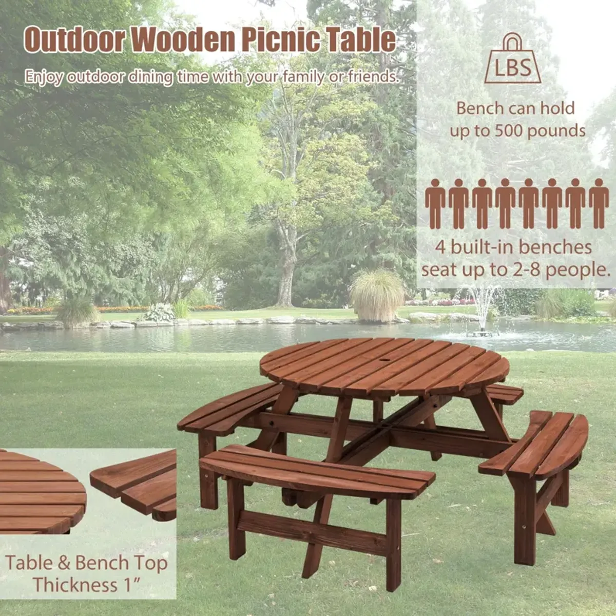 8 Person Wooden Picnic Table, Outdoor Camping Dining Table With Seat, Garden, Diy With 4 Built-In Benches, 2220Lb Capacity