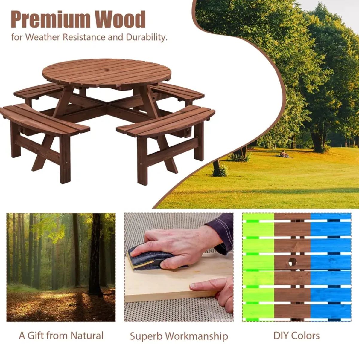 8 Person Wooden Picnic Table, Outdoor Camping Dining Table With Seat, Garden, Diy With 4 Built-In Benches, 2220Lb Capacity