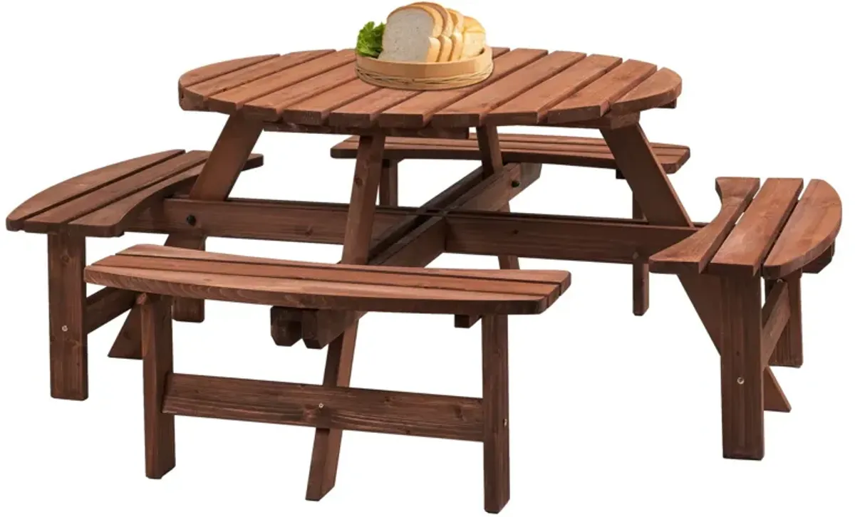 8 Person Wooden Picnic Table, Outdoor Camping Dining Table With Seat, Garden, Diy With 4 Built-In Benches, 2220Lb Capacity