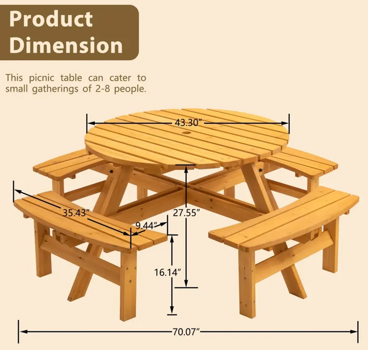 8 Person Wooden Picnic Table, Outdoor Camping Dining Table With Seat, Garden, Diy With 4 Built-In Benches, 2220Lb Capacity