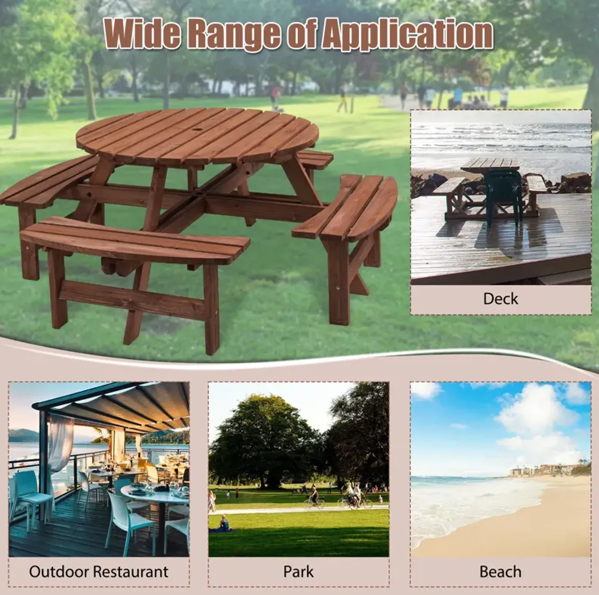 8 Person Wooden Picnic Table, Outdoor Camping Dining Table With Seat, Garden, Diy With 4 Built-In Benches, 2220Lb Capacity