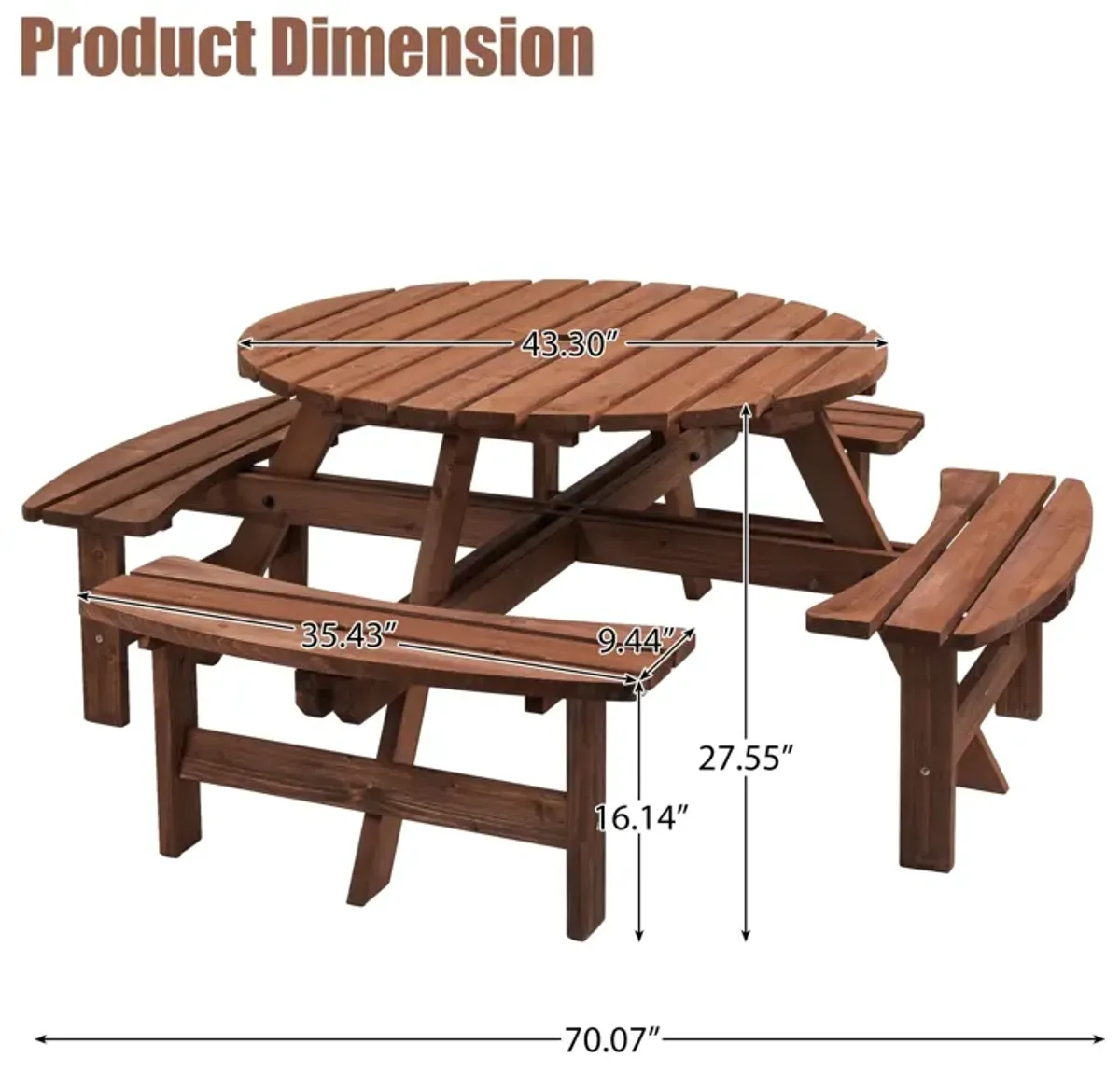 8 Person Wooden Picnic Table, Outdoor Camping Dining Table With Seat, Garden, Diy With 4 Built-In Benches, 2220Lb Capacity