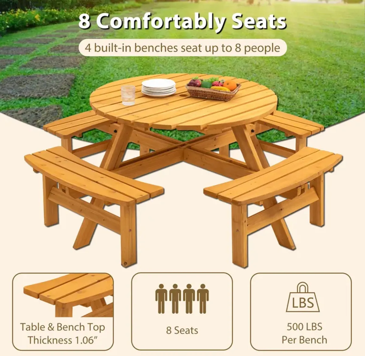 8 Person Wooden Picnic Table, Outdoor Camping Dining Table With Seat, Garden, Diy With 4 Built-In Benches, 2220Lb Capacity