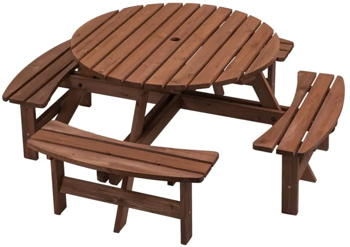 8 Person Wooden Picnic Table, Outdoor Camping Dining Table With Seat, Garden, Diy With 4 Built-In Benches, 2220Lb Capacity