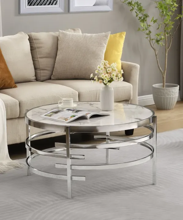 32.48'' Chrome Round Coffee Table With Sintered Stone Top & Sturdy Metal Frame, Modern Coffee Table For Living Room - Silver