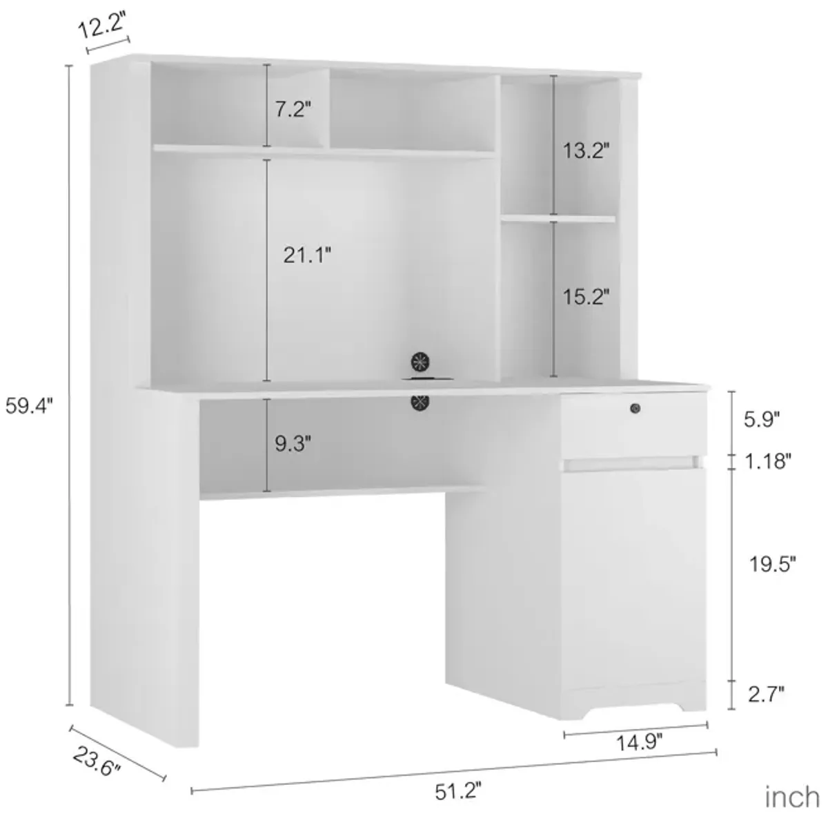 Computer Desk With Hutch & Bookshelf, Wood Executive Desk Teens Student Desk Writing Laptop Home Office Desk With Drawers, 3 Ac Outlets And 2 USB Charging Ports, Study Laptop Table For Home - White