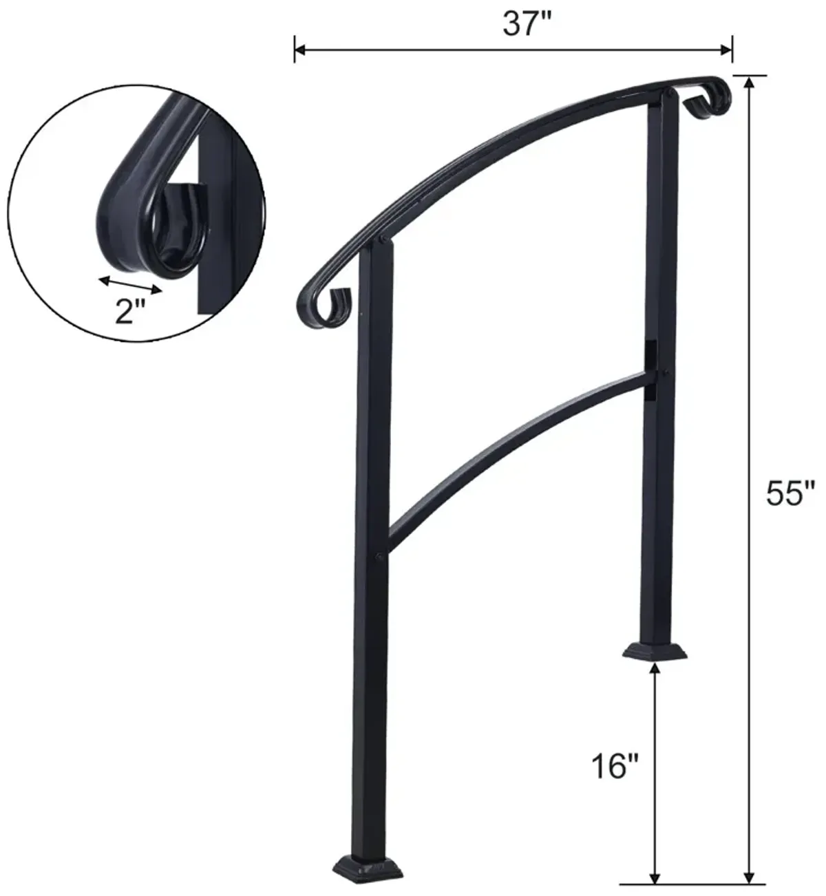 Handrails For Outdoor Steps, Fit 1 Or 3 Steps Outdoor Stair Railing, Flexible Front Porch Hand Rail, Transitional Handrails For Concrete Steps Or Wooden Stairs - Black