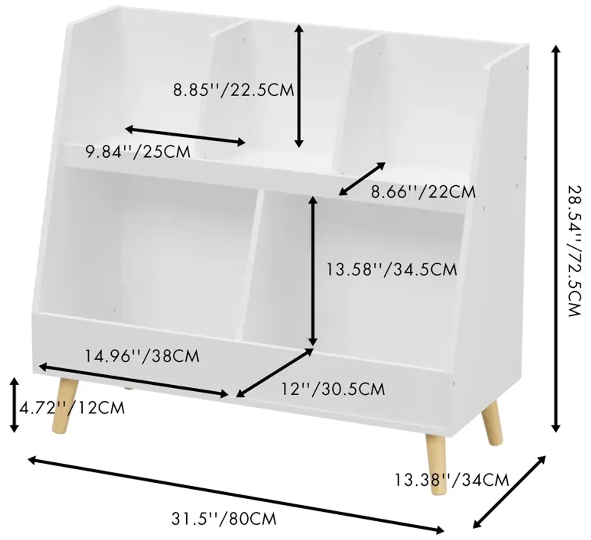 Kids Bookshelf And Toy Organizer, 5 Cubbies Wooden Open Bookcase, 2-Tier Baby Storage Display Organizer With Legs, Free Standing For Playing Room, Bedroom, Nursery, Classroom - White