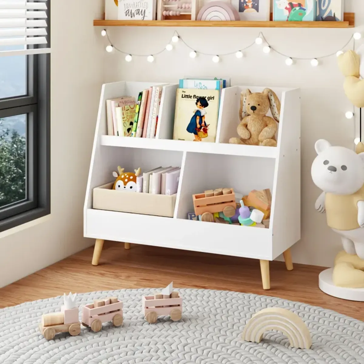 Kids Bookshelf And Toy Organizer, 5 Cubbies Wooden Open Bookcase, 2-Tier Baby Storage Display Organizer With Legs, Free Standing For Playing Room, Bedroom, Nursery, Classroom - White