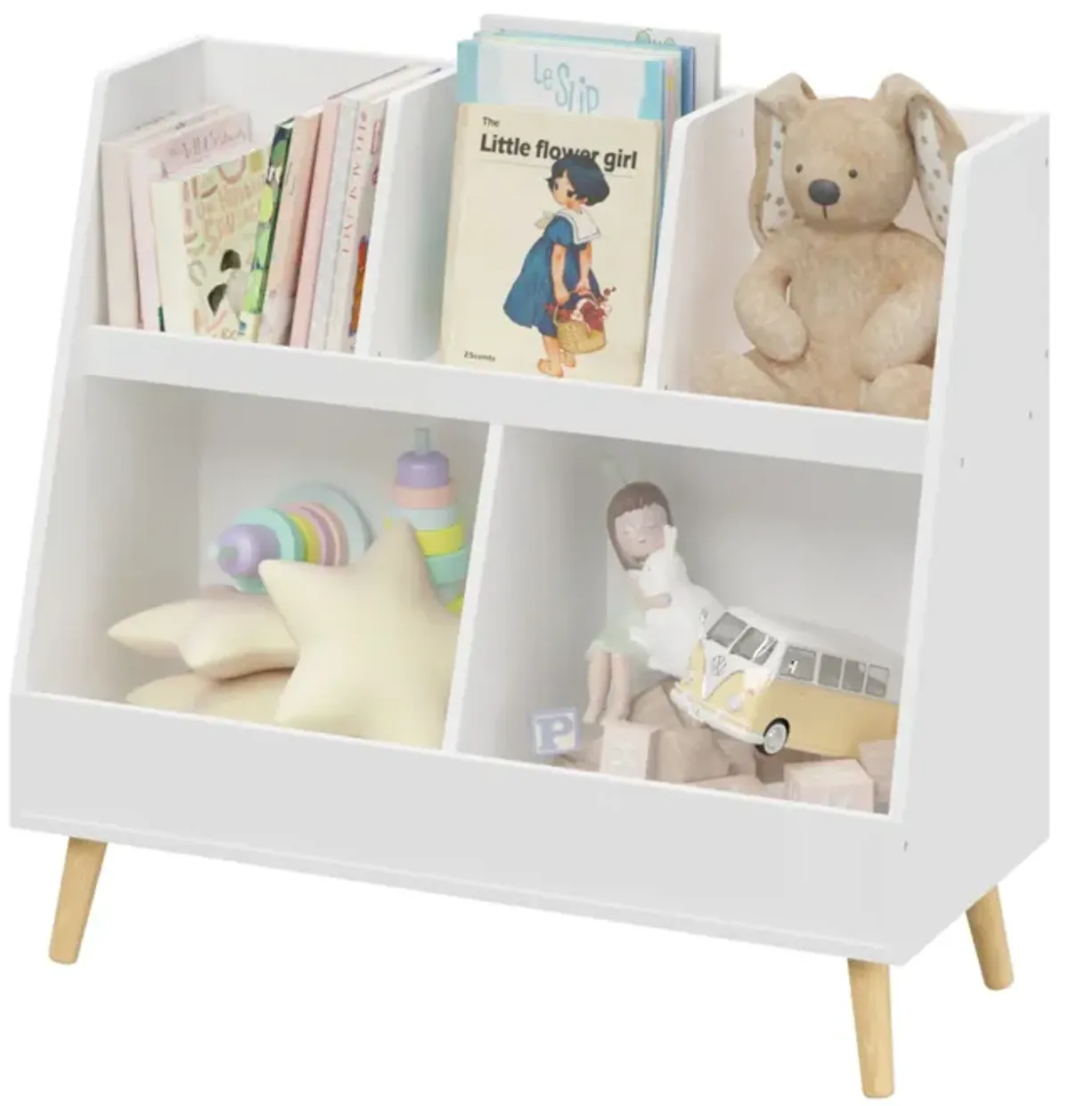 Kids Bookshelf And Toy Organizer, 5 Cubbies Wooden Open Bookcase, 2-Tier Baby Storage Display Organizer With Legs, Free Standing For Playing Room, Bedroom, Nursery, Classroom - White