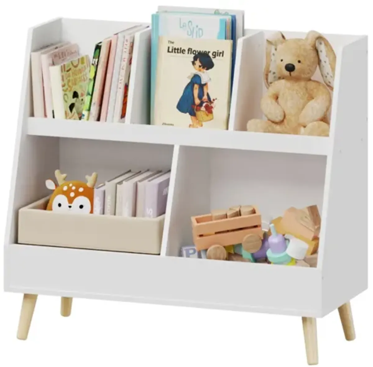 Kids Bookshelf And Toy Organizer, 5 Cubbies Wooden Open Bookcase, 2-Tier Baby Storage Display Organizer With Legs, Free Standing For Playing Room, Bedroom, Nursery, Classroom - White