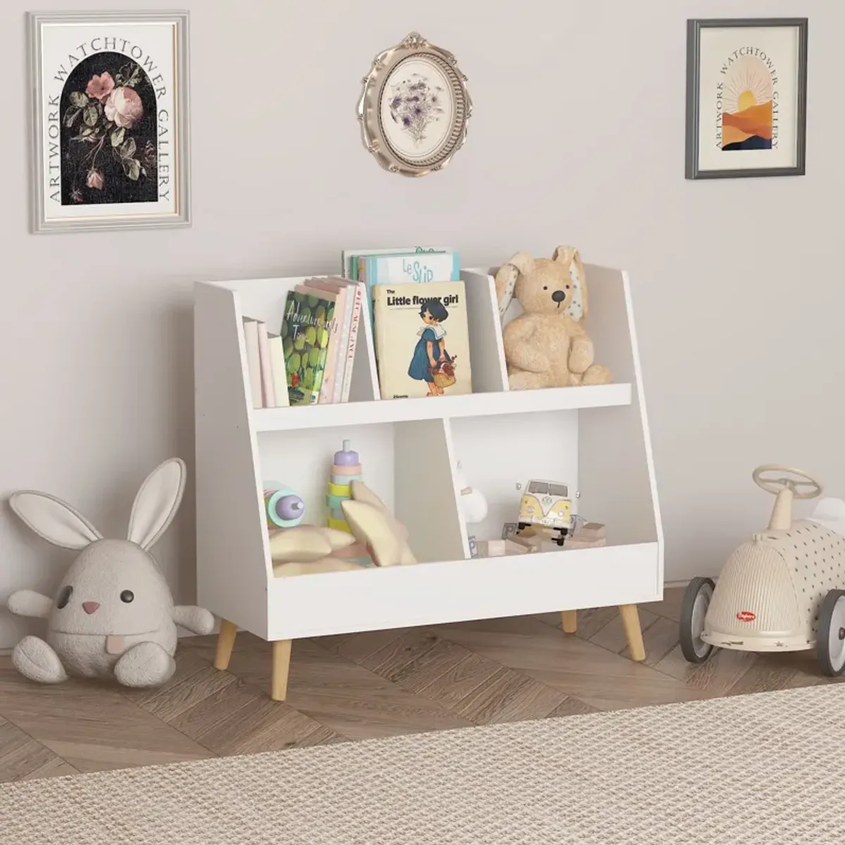 Kids Bookshelf And Toy Organizer, 5 Cubbies Wooden Open Bookcase, 2-Tier Baby Storage Display Organizer With Legs, Free Standing For Playing Room, Bedroom, Nursery, Classroom - White