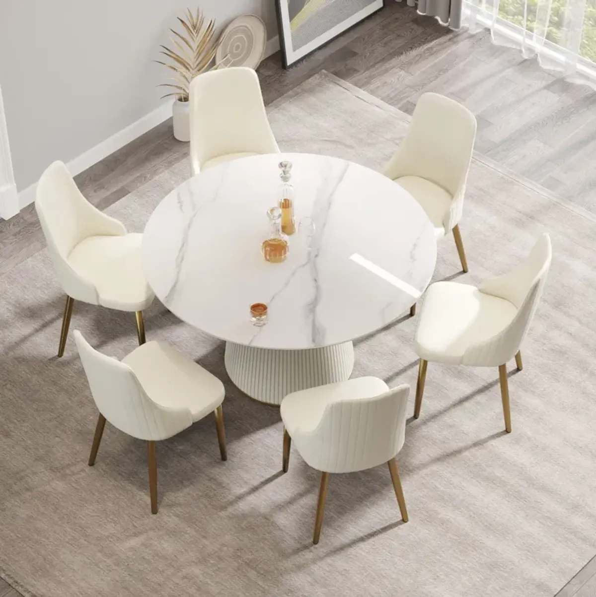 Modern Artificial Stone Round Plywood PU Base Dining Table, Can Accommodate 6 People, (Not Including Chairs) - White / Beige