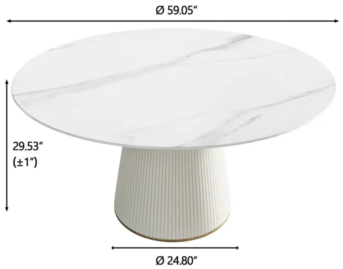 Modern Artificial Stone Round Plywood PU Base Dining Table, Can Accommodate 8 People, (Not Including Chairs) - White / Beige