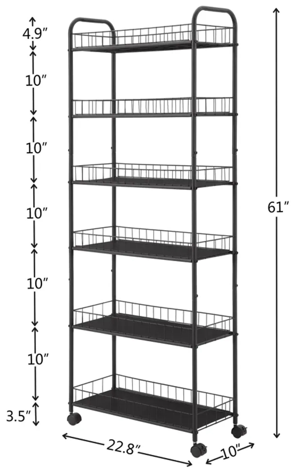 6 Tier Slim Rolling Storage Cart, Mobile Shelving Unit With Wheels, Metal Wire Storage Shelving Rack With Baskets For Kitchen Bathroom Office Laundry Narrow Piaces - Black