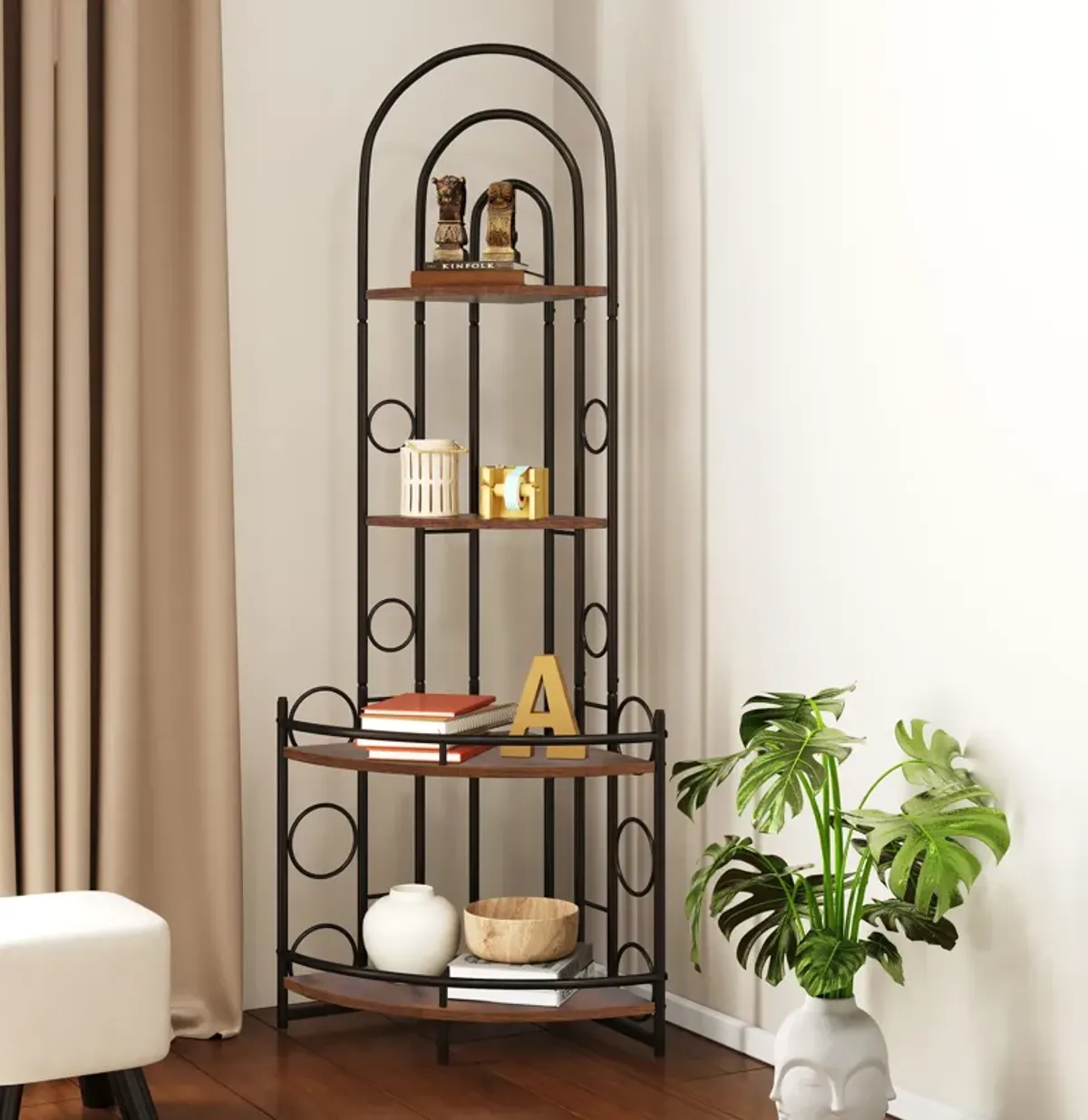 4 Tier Corner Bookshelf, Modern Style, Plant Stand With Metal Frame - Antique Brown / Black