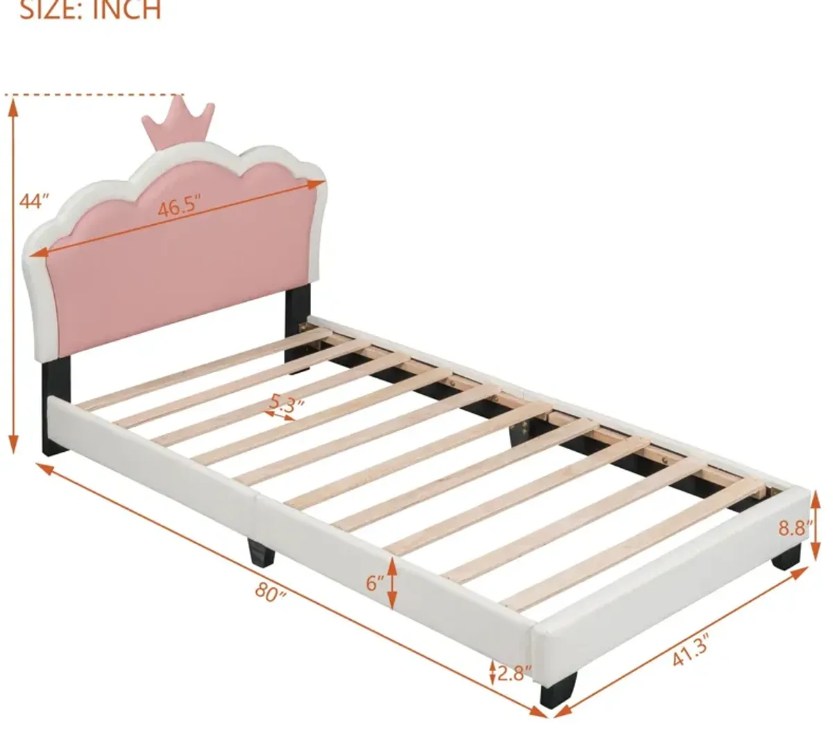 Twin Size Upholstered Princess Bed With Crown Headboard, Twin Size Platform Bed With Headboard And Footboard - White / Pink