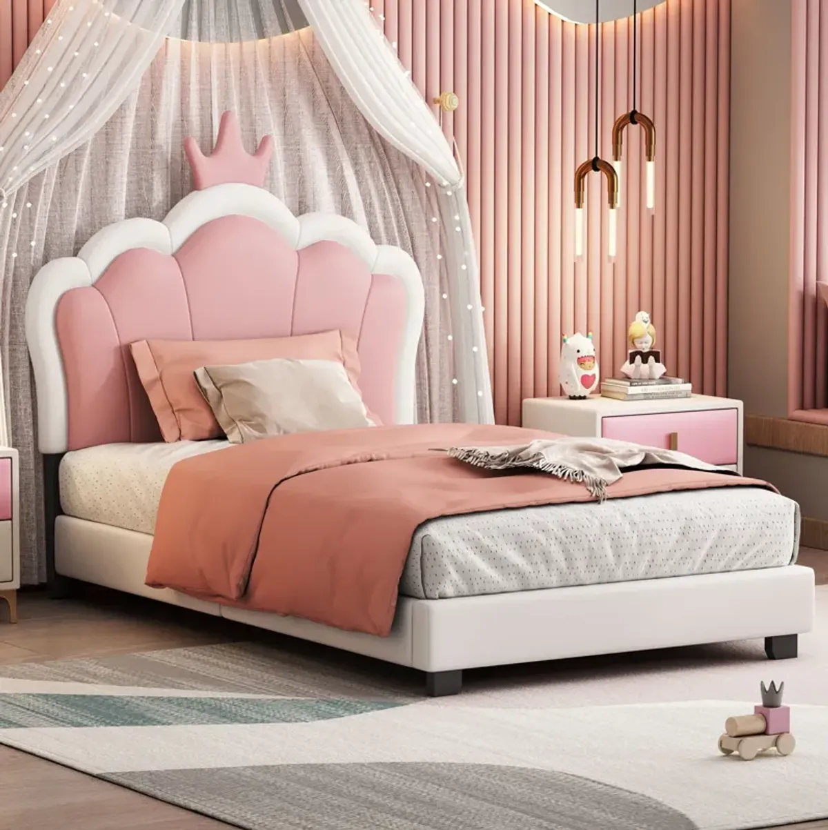 Twin Size Upholstered Princess Bed With Crown Headboard, Twin Size Platform Bed With Headboard And Footboard - White / Pink