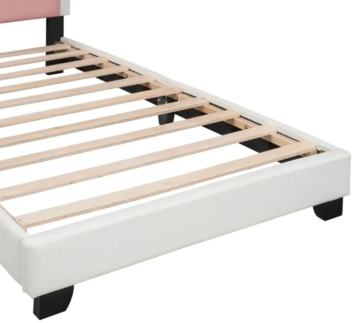 Twin Size Upholstered Princess Bed With Crown Headboard, Twin Size Platform Bed With Headboard And Footboard - White / Pink