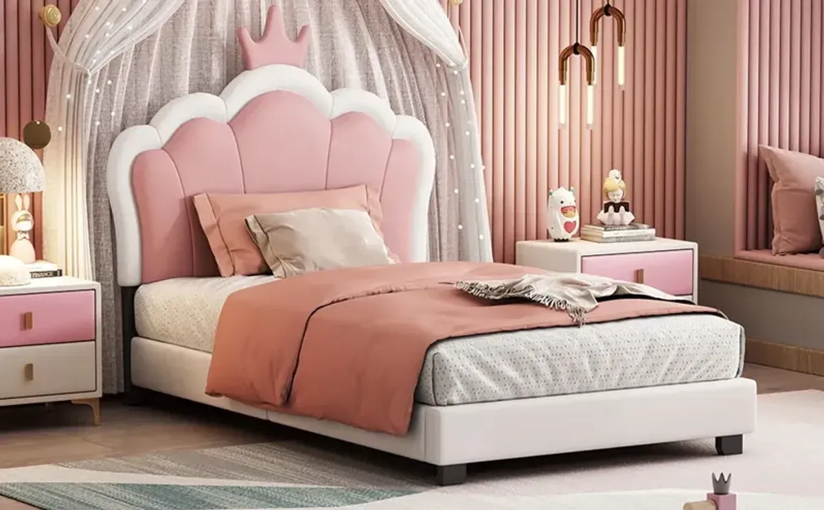 Twin Size Upholstered Princess Bed With Crown Headboard, Twin Size Platform Bed With Headboard And Footboard - White / Pink