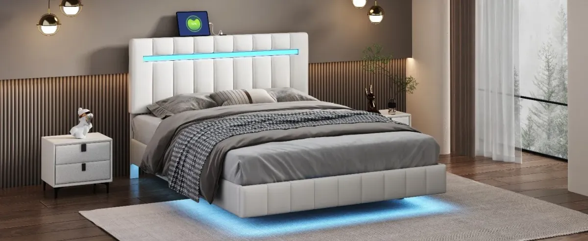 Queen Size Floating Bed Frame With LED Lights And USB Charging, Modern Upholstered Platform LED Bed Frame - White