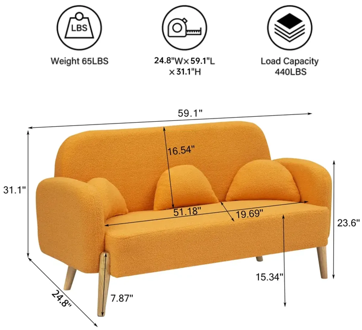 Teddy Velvet Two-Seater Sofa With Three Lumbar Pillows