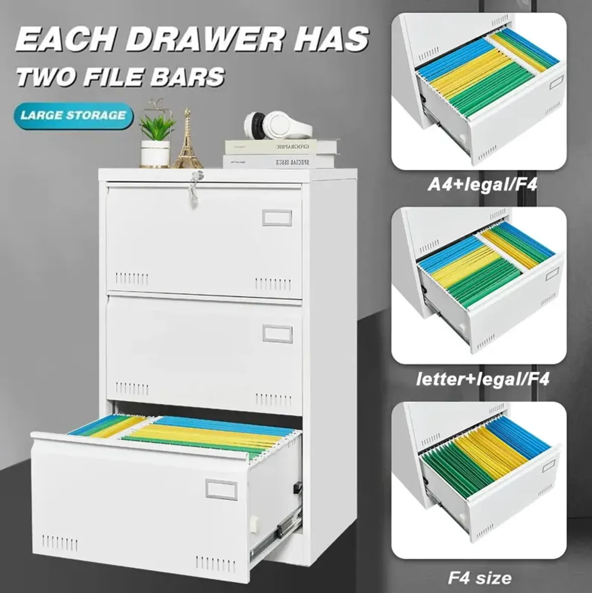 Filing Cabinet Lateral File Cabinet 3 Drawer, Locking Metal File Cabinets Three Drawer, Office Filing Cabinet With Lock Drawers For Home Office