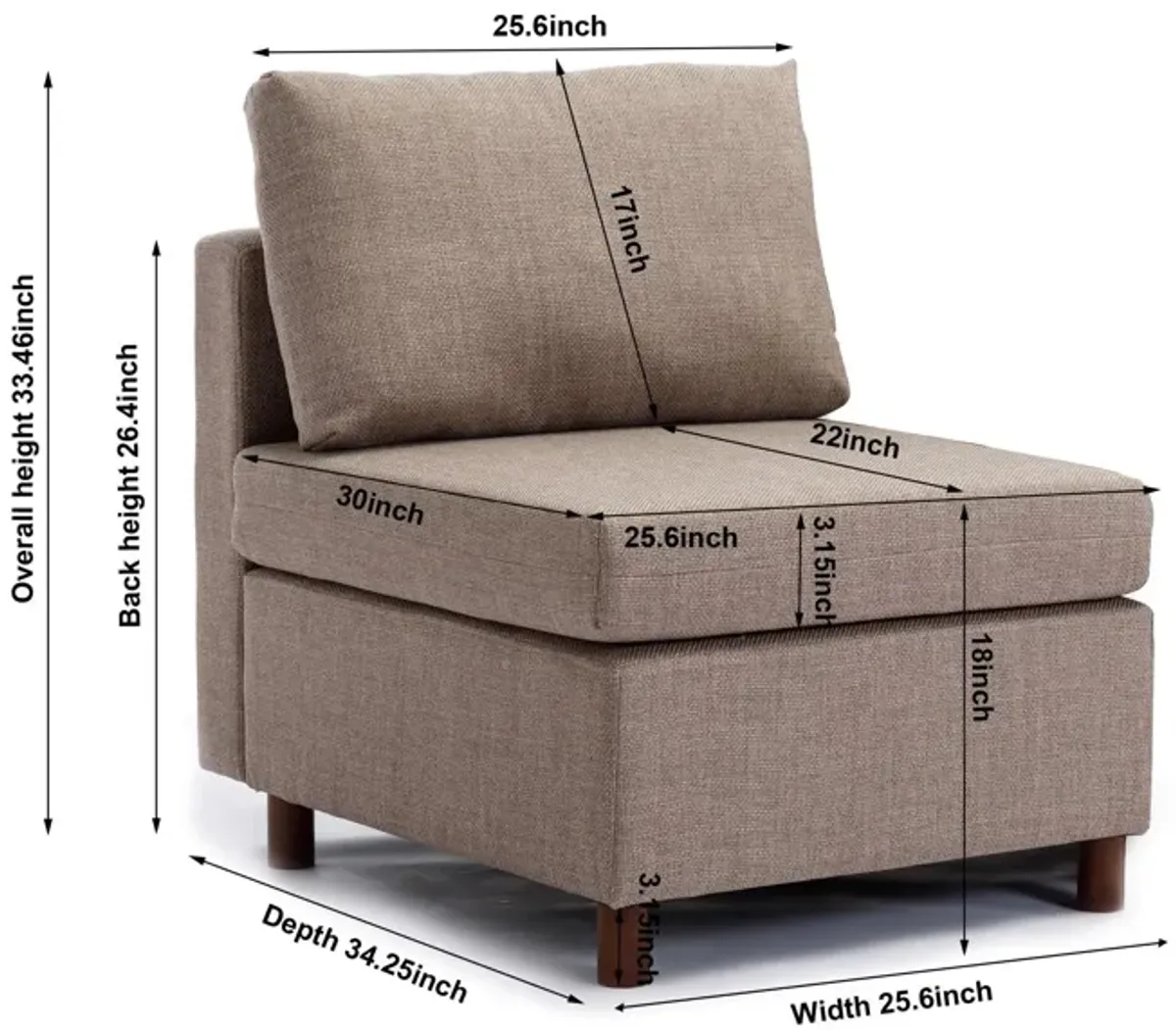 Middle Module Fabric Linen For Modular Sofa Sectional Sofa Couch Accent Armless Chair, Cushion Covers Non-Removable And Non-Washable