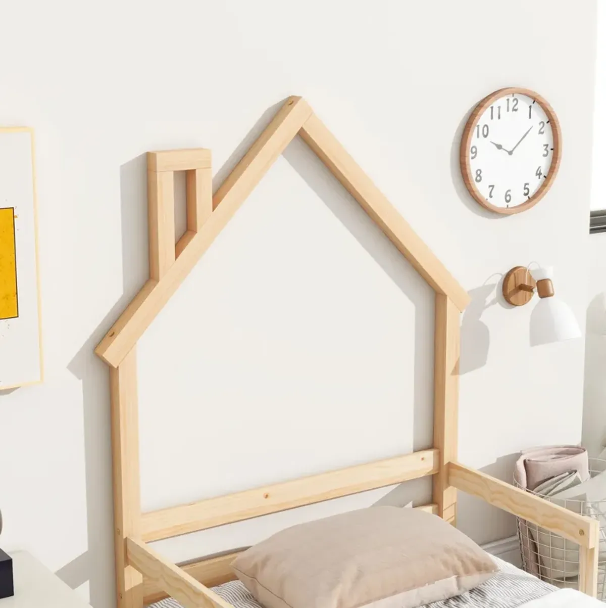 Twin House-Shaped Headboard Floor Bed With Handrails, Slats