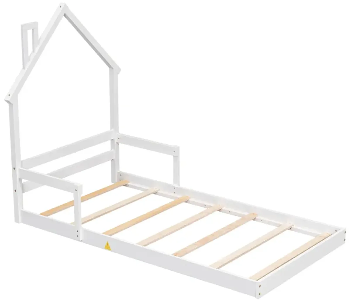 Twin House-Shaped Headboard Floor Bed With Handrails, Slats