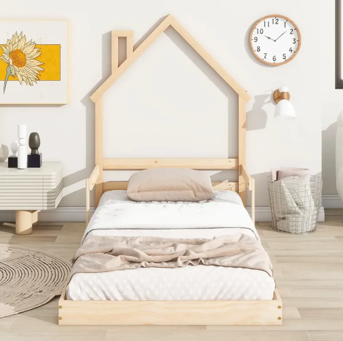 Twin House-Shaped Headboard Floor Bed With Handrails, Slats