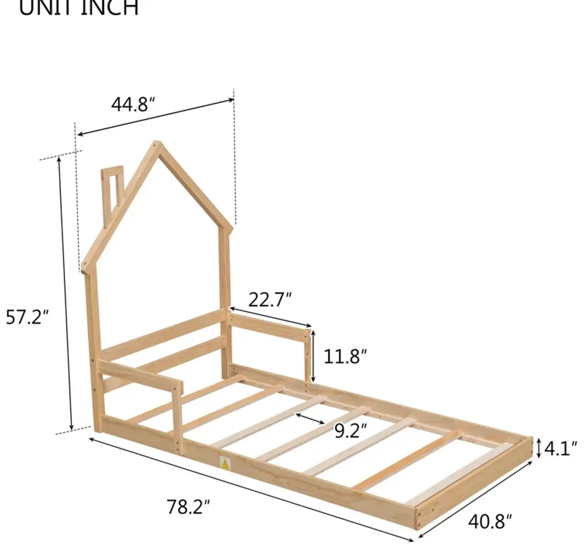 Twin House-Shaped Headboard Floor Bed With Handrails, Slats