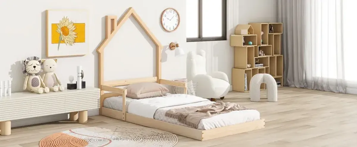 Twin House-Shaped Headboard Floor Bed With Handrails, Slats