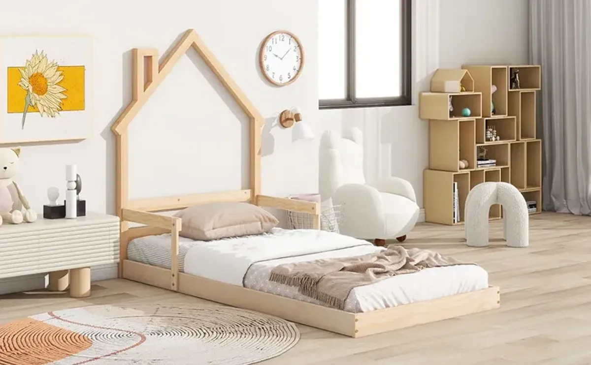 Twin House-Shaped Headboard Floor Bed With Handrails, Slats