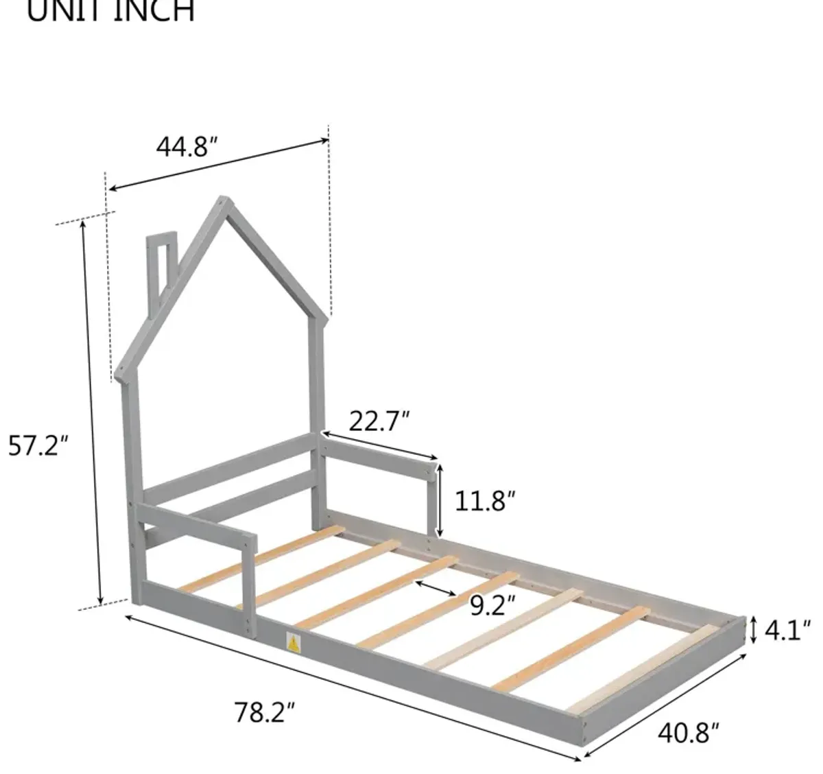 Twin House-Shaped Headboard Floor Bed With Handrails, Slats