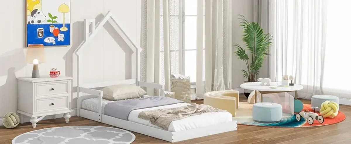 Twin House-Shaped Headboard Floor Bed With Handrails, Slats