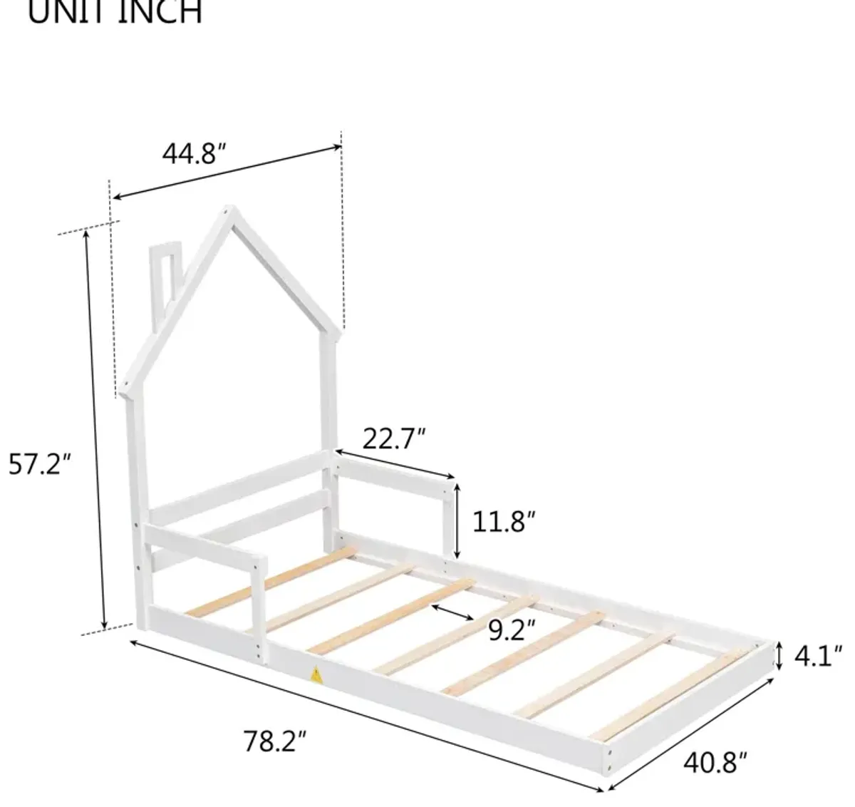 Twin House-Shaped Headboard Floor Bed With Handrails, Slats