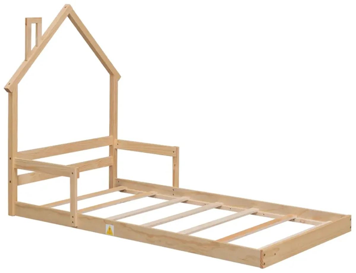 Twin House-Shaped Headboard Floor Bed With Handrails, Slats