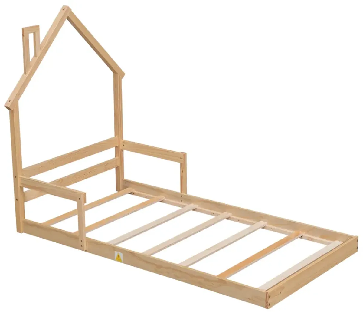 Twin House-Shaped Headboard Floor Bed With Handrails, Slats