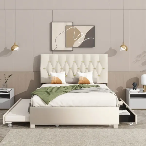 Trundle Pull Out Drawers Storage Upholstered Bed Modern Design No Box Spring Required
