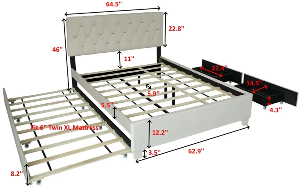 Trundle Pull Out Drawers Storage Upholstered Bed Modern Design No Box Spring Required