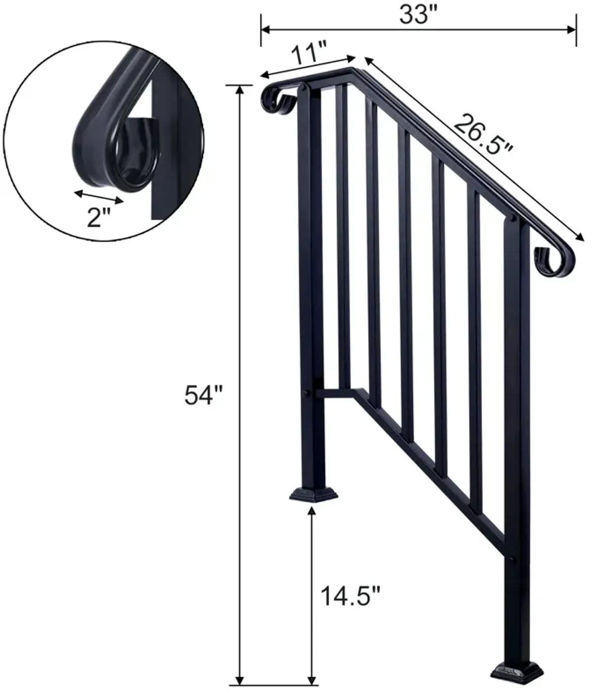 Handrails For Outdoor Steps, Fit 2 Or 3 Steps Outdoor Stair Railing, Wrought Iron Handrail, Flexible Porch Railing, Transitional Handrails For Concrete Steps Or Wooden Stairs