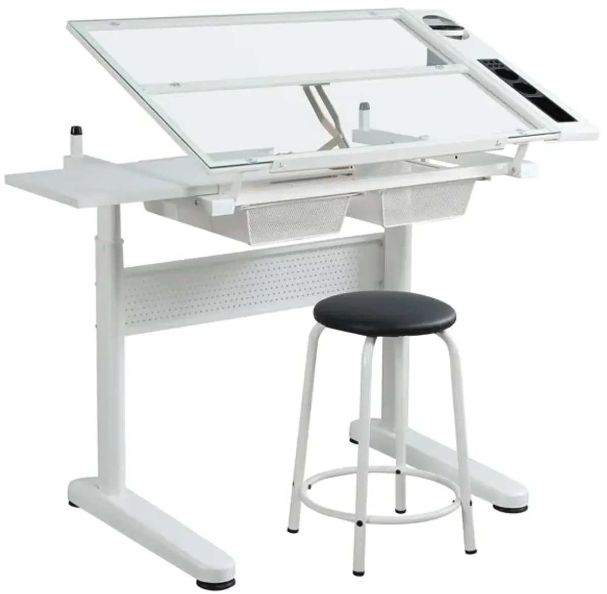 Hand Crank Adjustable Drafting Table Drawing Desk With 2 Metal Drawers With Stool