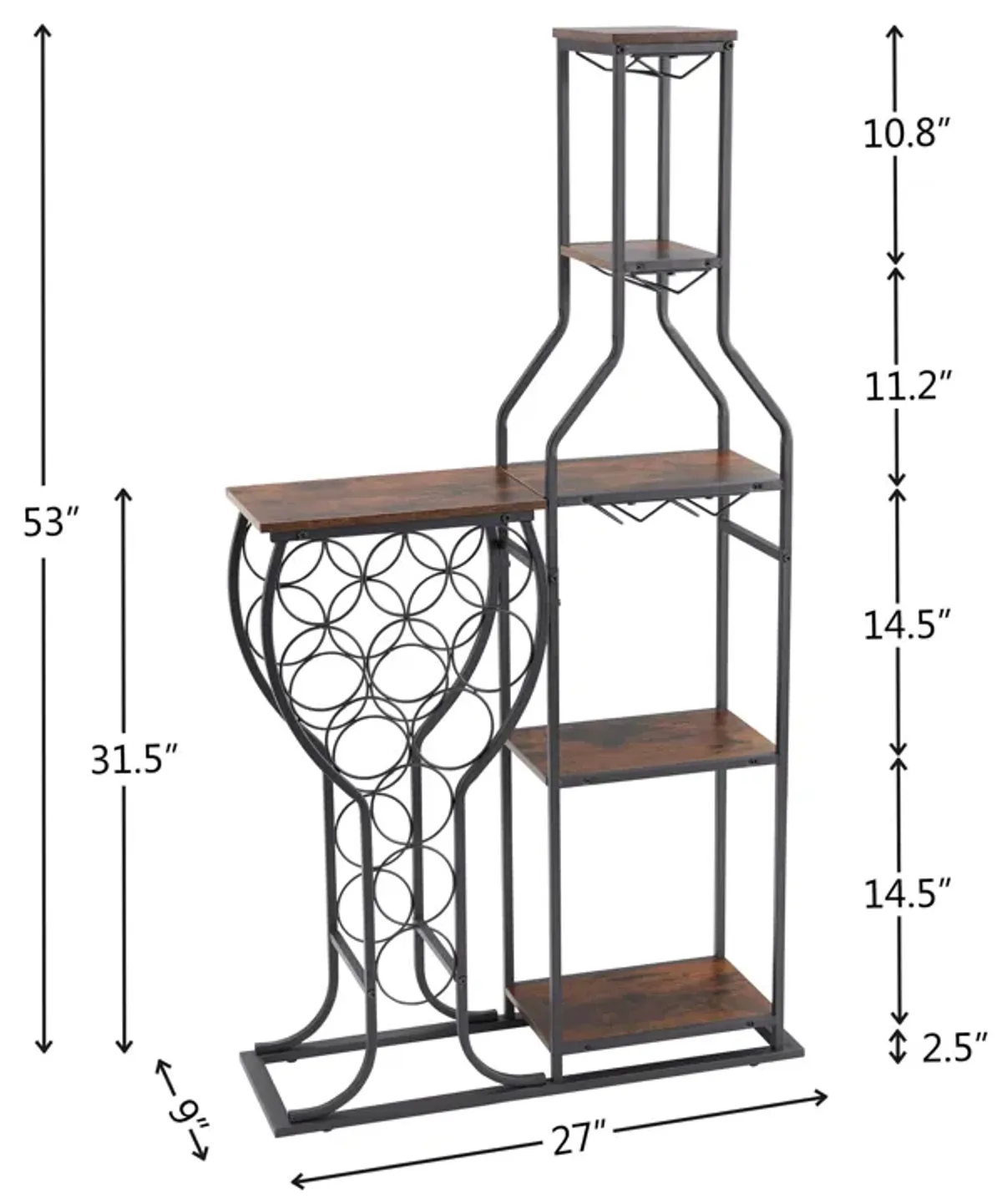 11 Bottle Wine Bakers Rack, 5 Tier Freestanding Wine Rack With Hanging Wine Glass Holder And Storage Shelves, Wine Storage Home Bar For Liquor And Wine Storage for Kitchen, Dining Room