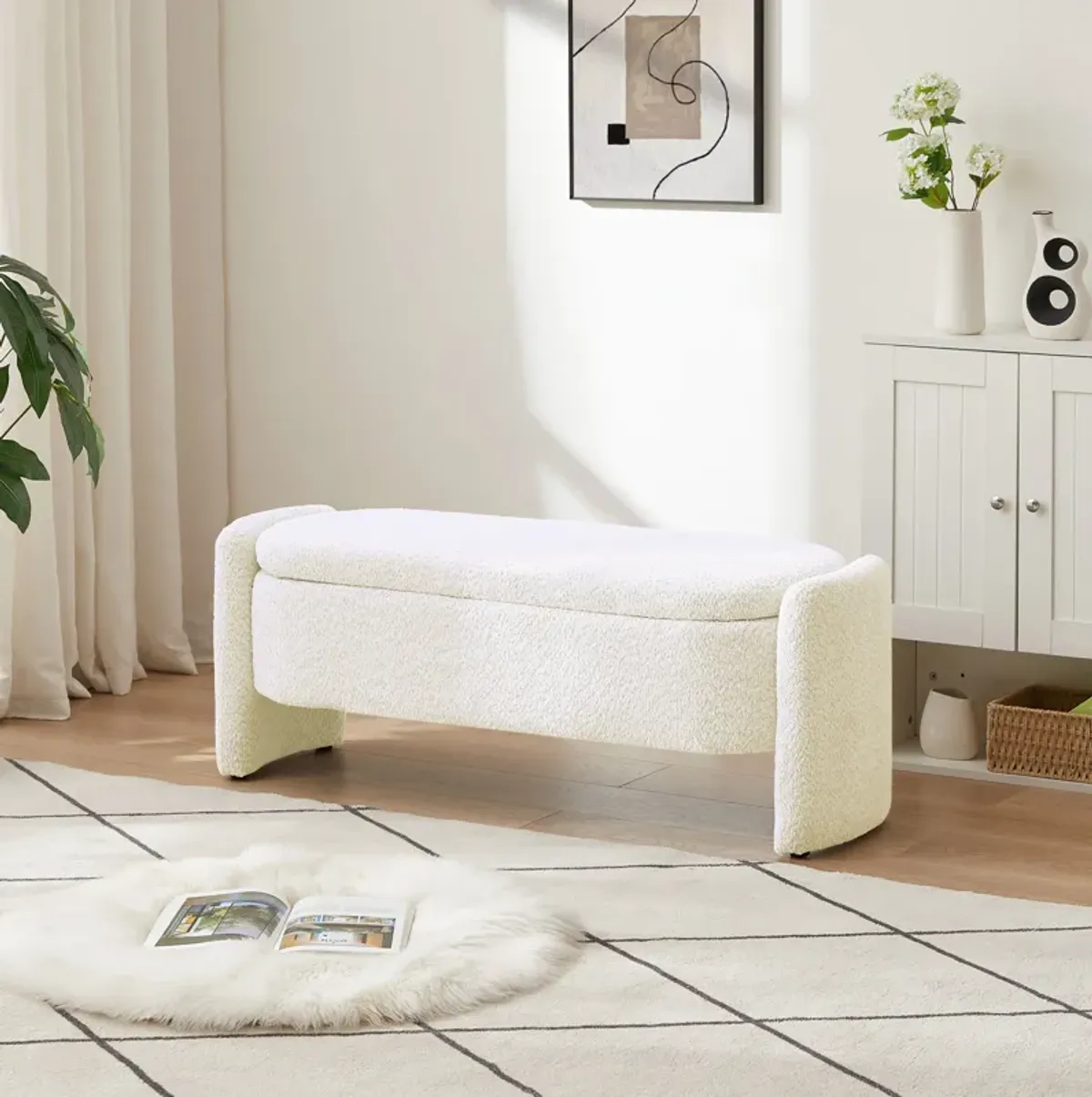 Ottoman Oval Storage Bench, 3D Lamb Fleece Bench With Large Storage Space For The Living Room, Entryway And Bedroom